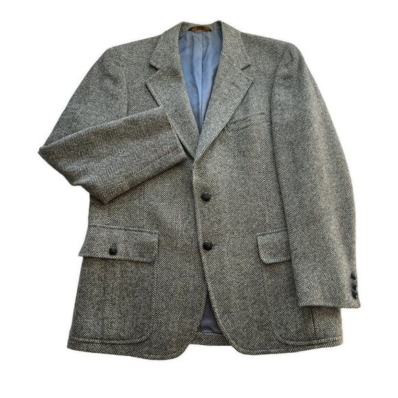 Vintage Tweed Wool Sport Coat Jacket Men 40R Herringbone Gray Hart Shaffner Marx - Picture 1 of 11